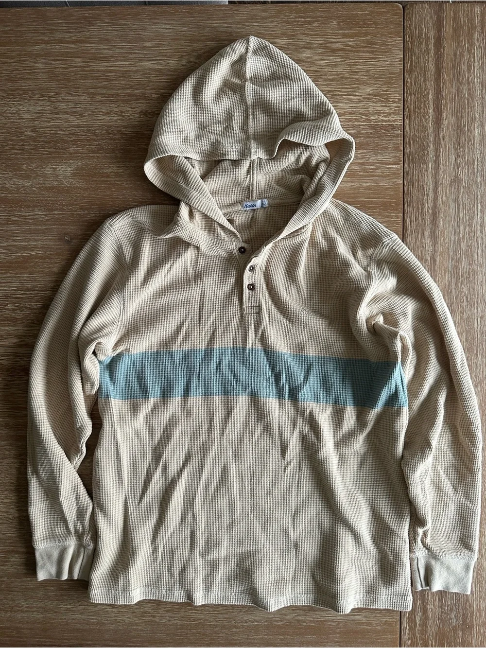 Karin’s Boys Hooded Thermal Shirt in Beige with Light Blue Stripe